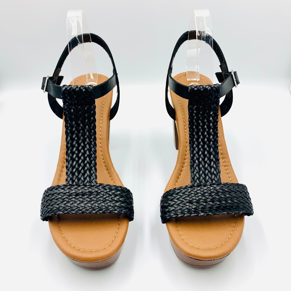 C EST. 1946 black boho summer sandals platform braided/woven T-strap tan wood